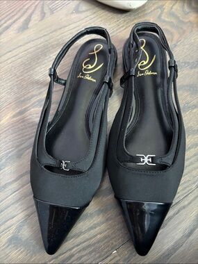 Sam Edelman Black Pointed Slingback Flats with Patent Toe